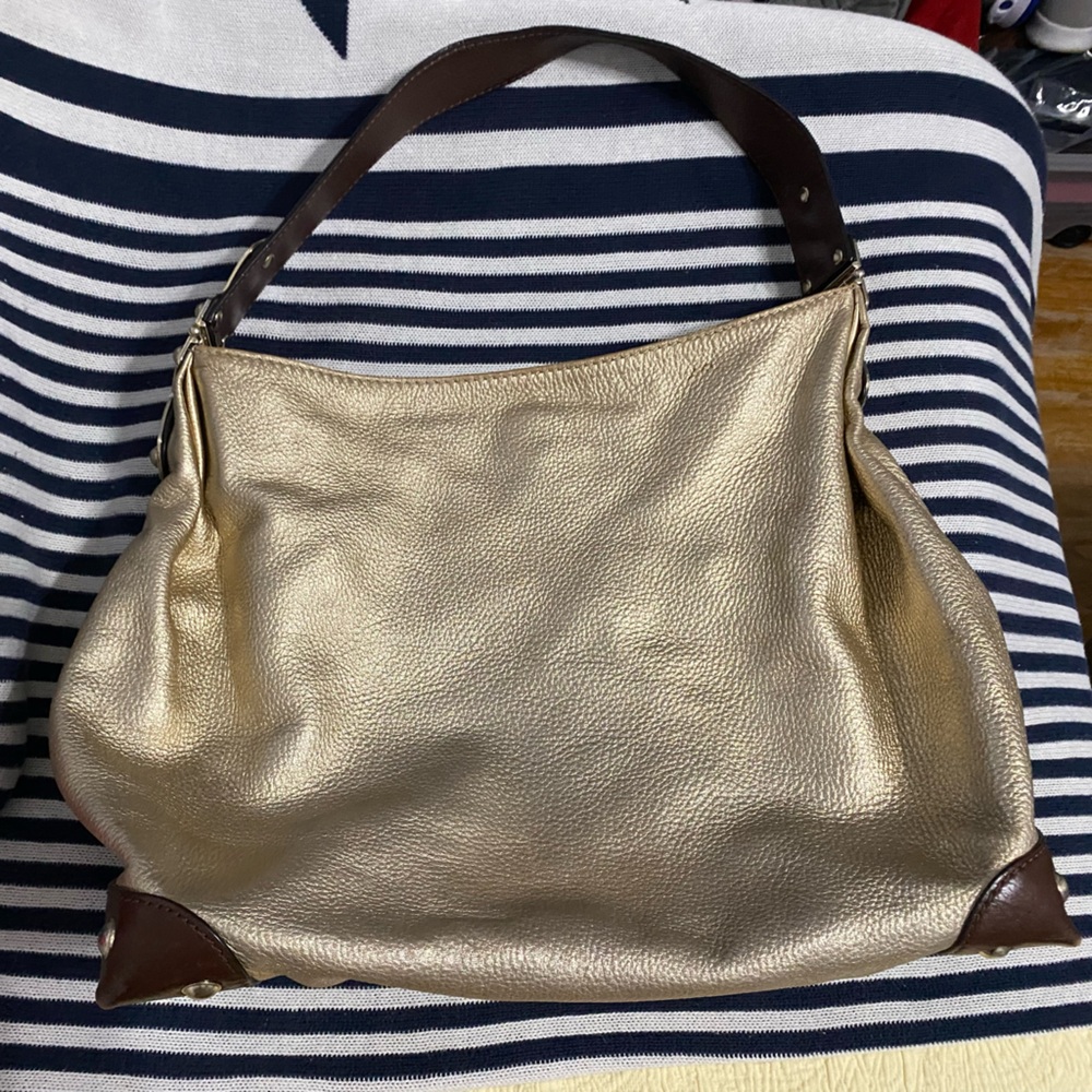 Designer MK Hobo Bag in Metallic Gold Leather Brown Accents Gold Hardware